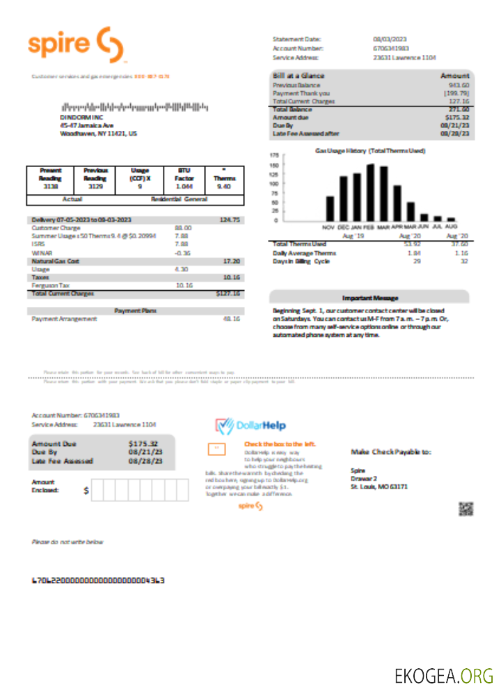 Facture commerciale du service public de gaz Spire, SCR